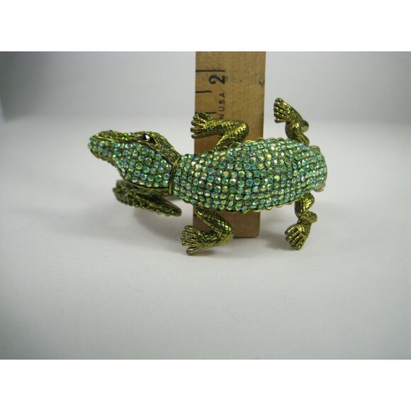 Gold Tone Crocodile Green Crystal Hinged Bangle Bracelet Sparkly Jewelry - Picture 4 of 12